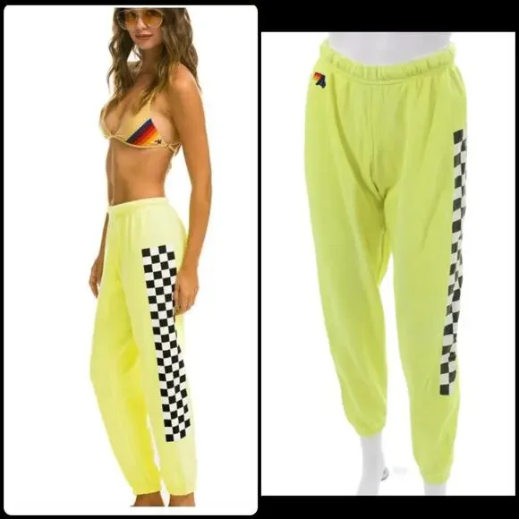 Aviator Nation Neon Yellow Checkered Stripe Sweatpants Jogger Retro Rare Small - Picture 1 of 16
